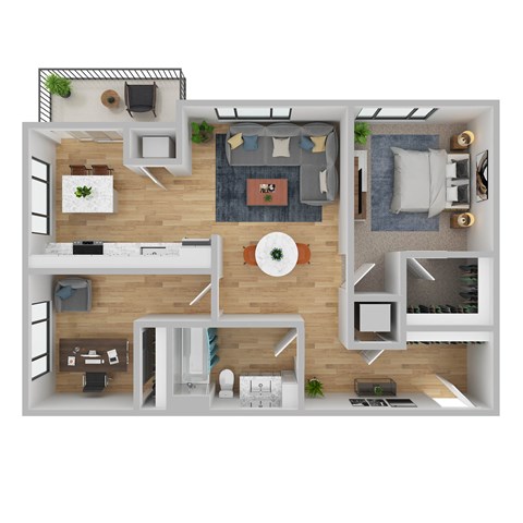 A top-down view of a modern apartment layout with a living room, kitchen, and two bedrooms.